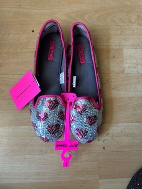 Betsey Johnson Silver Sequin Flats with Hot Pink Heart Details